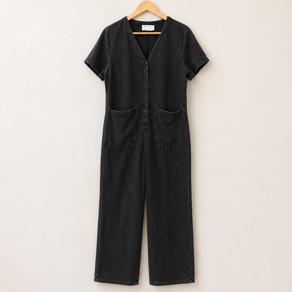 ASOS DESIGN Womens Washed Black Cotton Button Front Wide Leg Jumpsuit Sz 6 Artsy